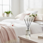Diffuser bottle on a table with a blurred background of a cozy living room.