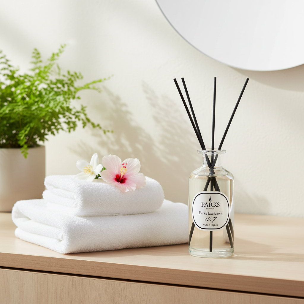 Reed diffuser with white towels and a flower on a wooden surface