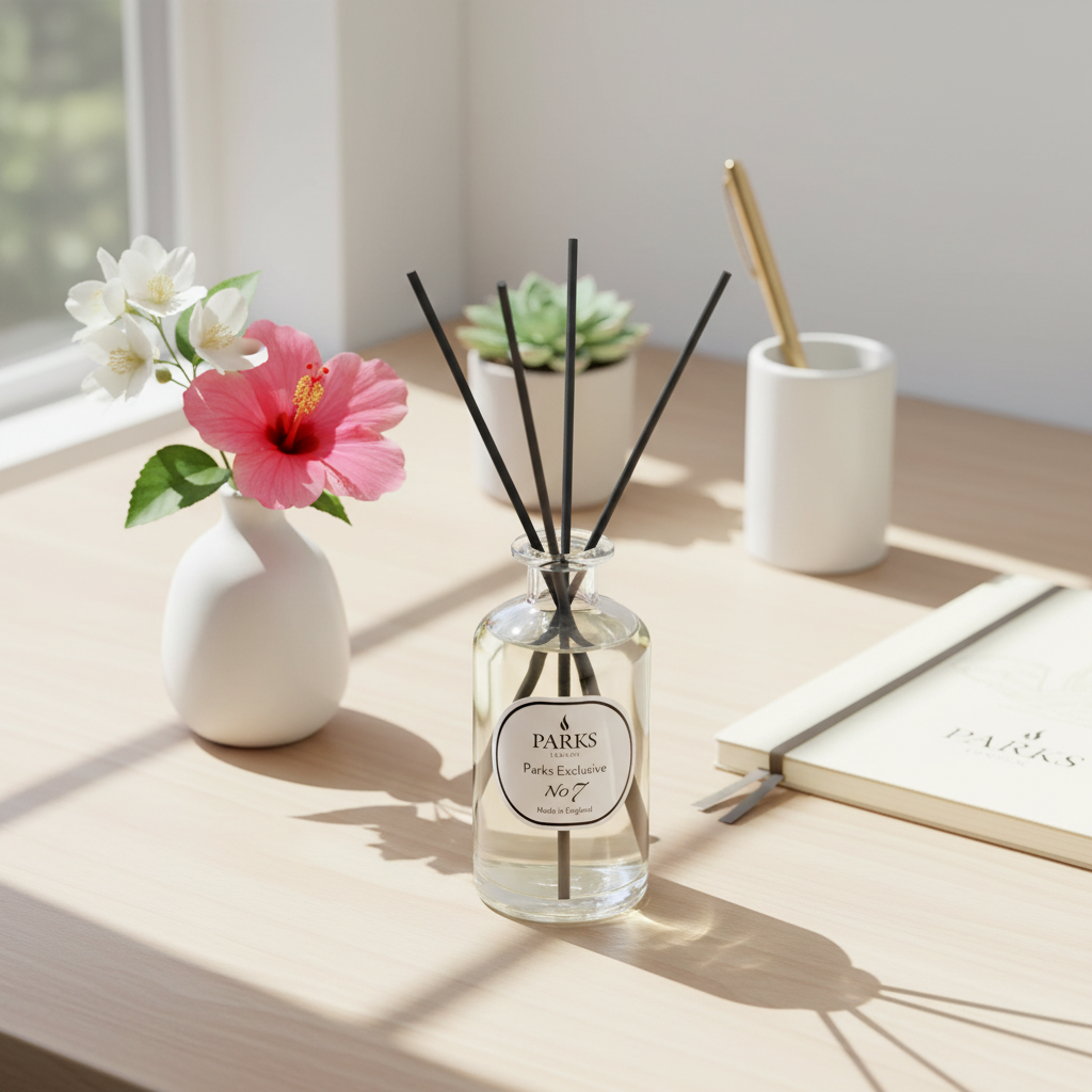 Diffuser bottle with reeds, pink flower, and white vase on a light surface