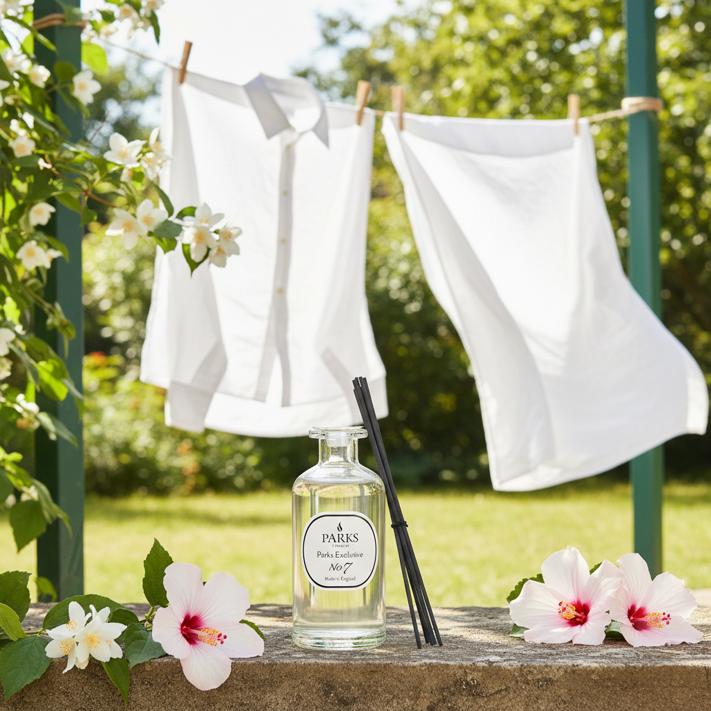PARKS laundry detergent bottle with white clothes on a clothesline in a garden setting