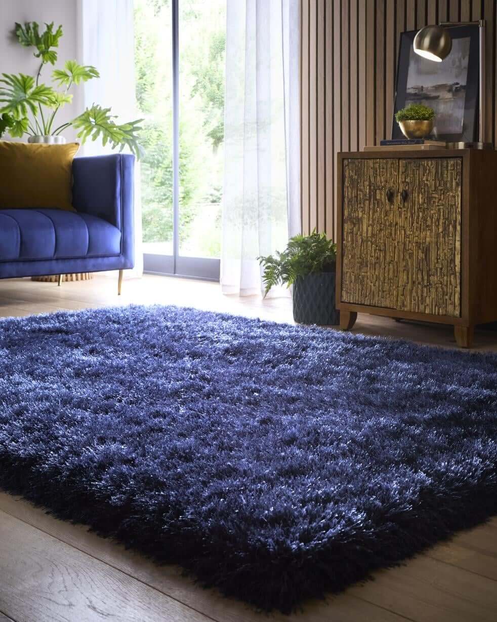 Blue shaggy rug in a living room with a couch, cabinet, and plants.