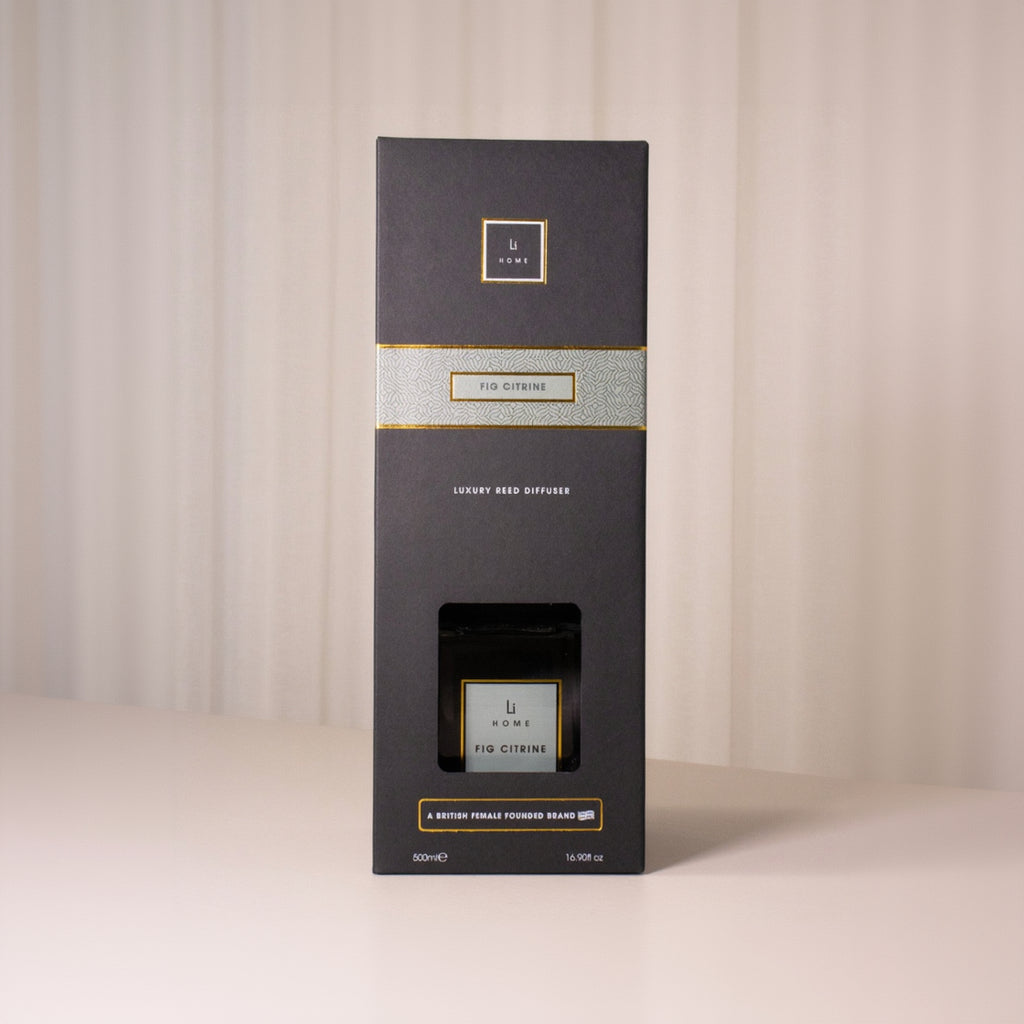 Black packaging box with gold accents on a beige background