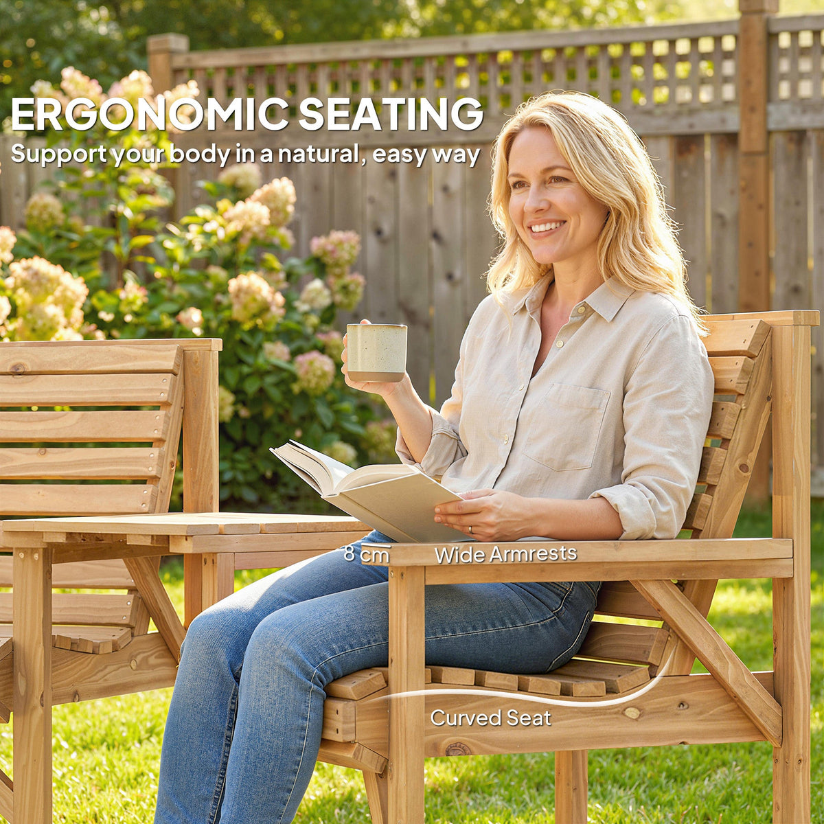 Outsunny Wooden Garden Furniture Set , 1 Chair, 1 Bench and Detachable Table, Natural Wood Finish