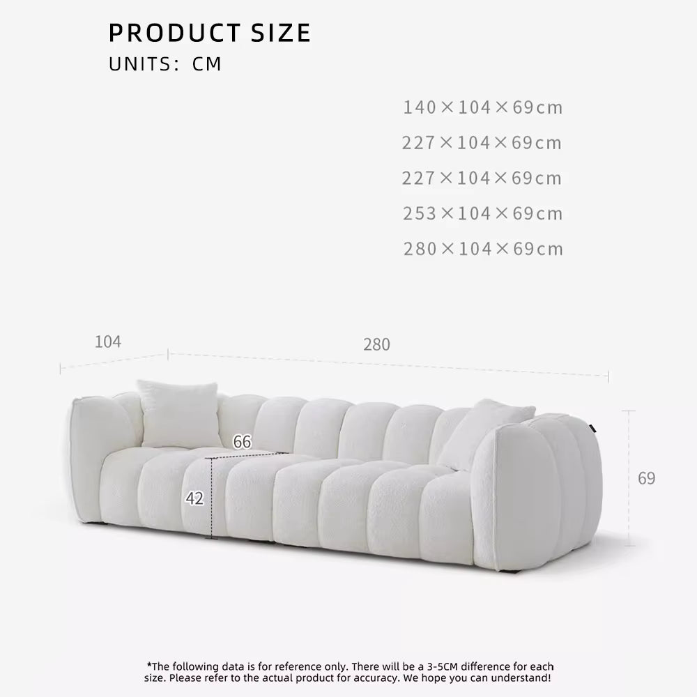 White sofa with dimensions labeled on a white background