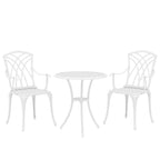 Outsunny 3 Pieces Garden Bistro Set, Cast Aluminium Outdoor Dining Set with 2 Chairs and Round Table with Parasol Hole, White