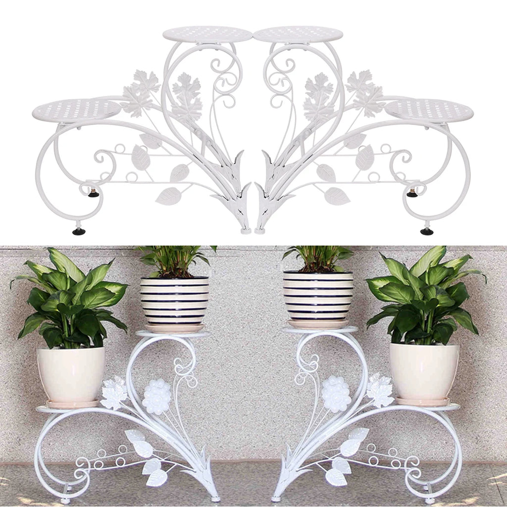 Decorative white metal plant stand with potted plants on a neutral background