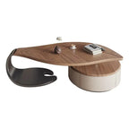 Modern coffee table with wooden top and metal base on a white background