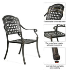 Black metal chair with detailed design, featuring curved backrest and anti-slip foot pad on a white background.
