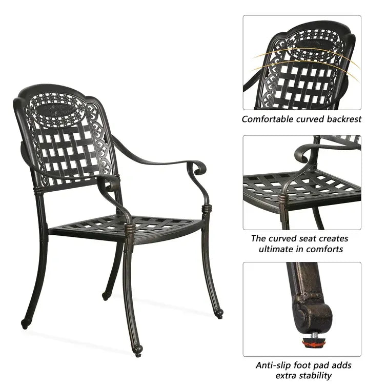 Black metal chair with detailed design, featuring curved backrest and anti-slip foot pad on a white background.