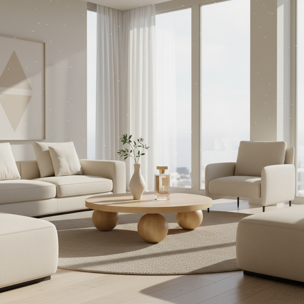 Modern living room with beige sofa, armchair, and coffee table in a bright room.