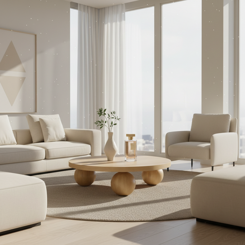 Modern living room with beige sofa, armchair, and coffee table in a bright room.