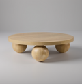 Wooden coffee table with spherical bases on a plain background