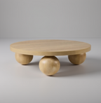 Wooden coffee table with spherical bases on a plain background