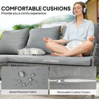 Outsunny 3 Piece Rattan Garden Furniture Corner Sofa Set with Chaise Lounge, Loveseat, Glass Coffee Table, Cushions, Dark Grey