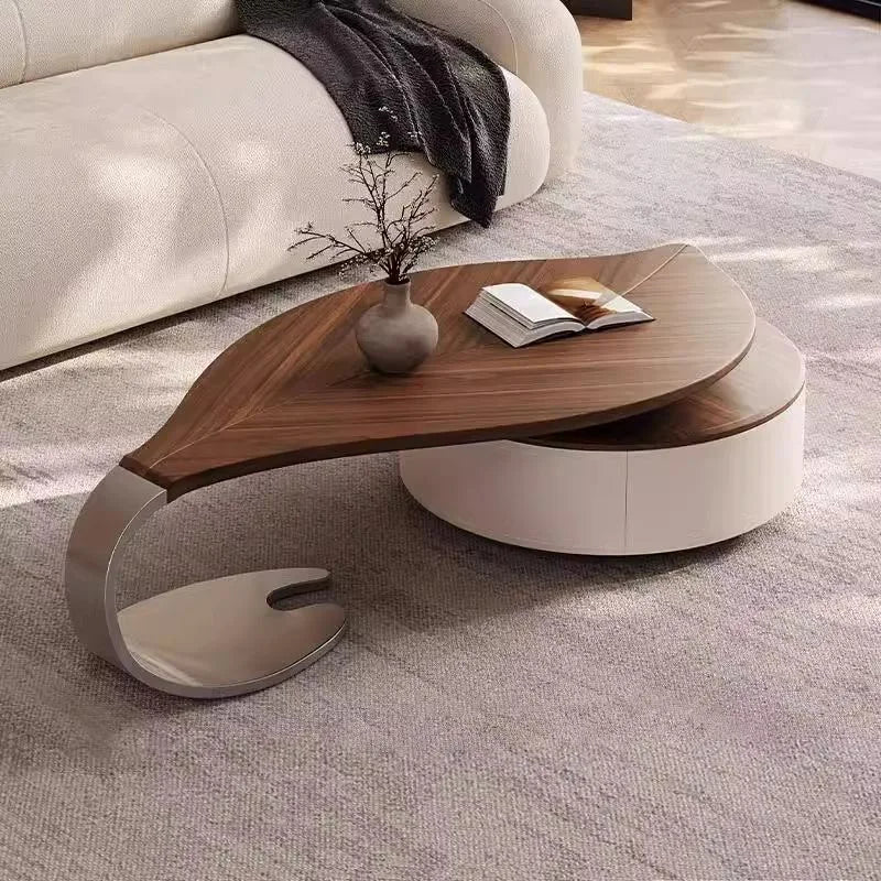 Modern coffee table with wooden top and white base in a living room setting