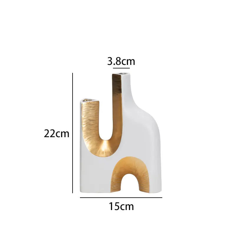 White vase with wooden accents and measurements on a white background