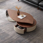 Modern coffee table with a wooden top and beige base in a living room setting.