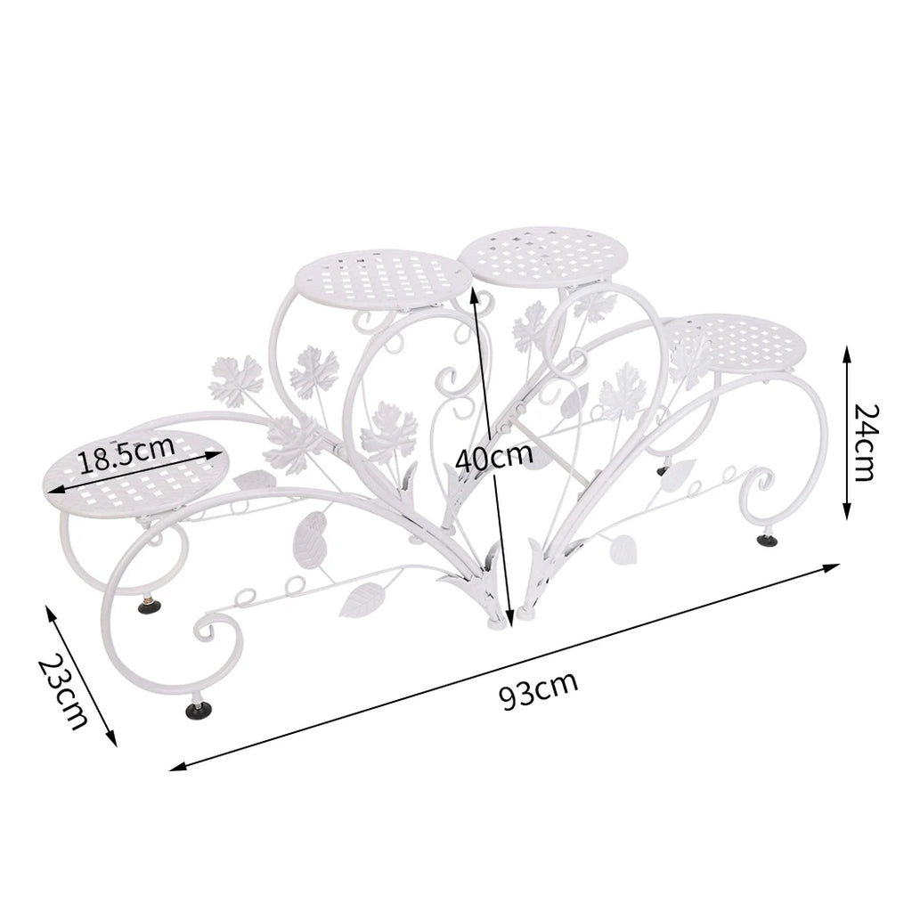 White metal plant stand with floral design and dimensions labeled on a white background