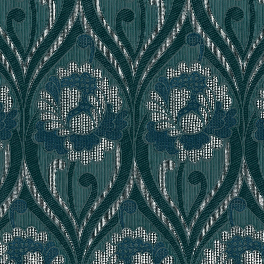 Decorative pattern with floral elements on a teal background