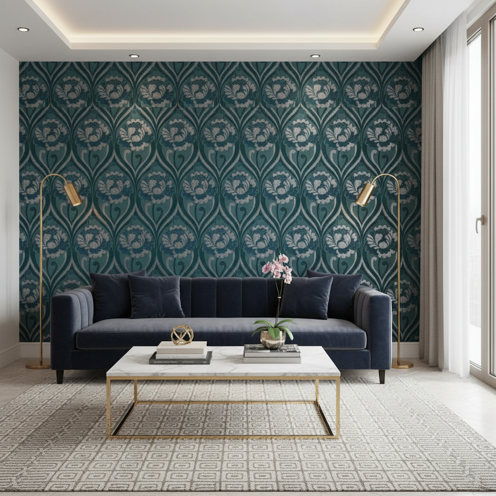 Modern living room with a blue sofa, patterned wallpaper, and decorative elements.