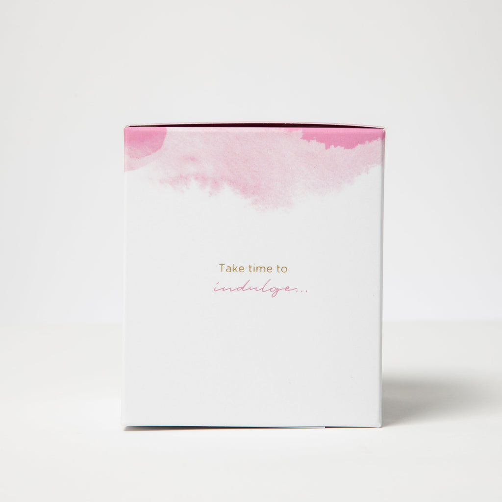 White box with pink watercolor design and text on a white background