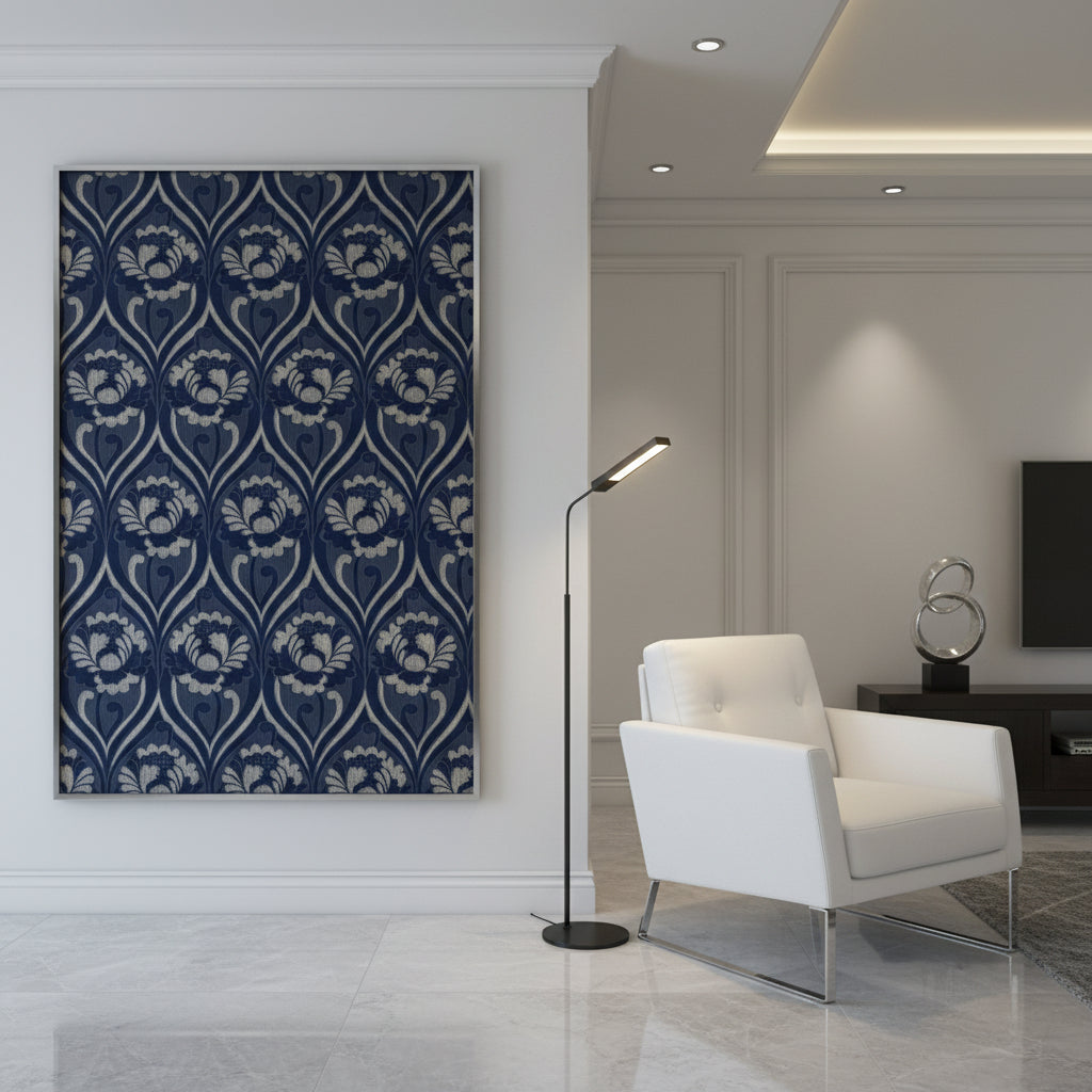 Decorative fabric pattern with dark blue and beige design on a dark blue background
