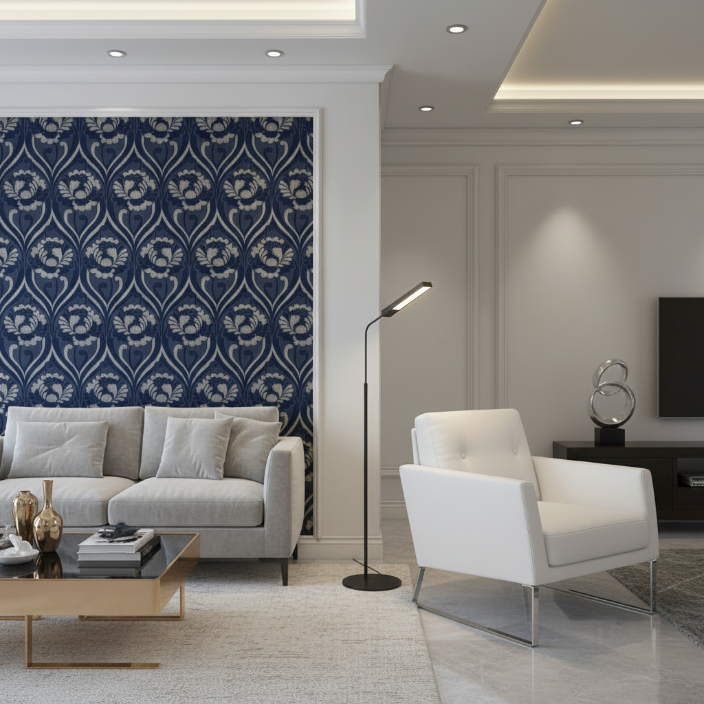 Modern living room with a white sofa, armchair, and coffee table.