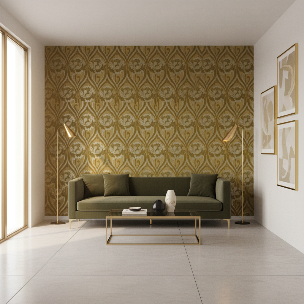 Modern living room with green sofa, patterned wall, and decorative elements.
