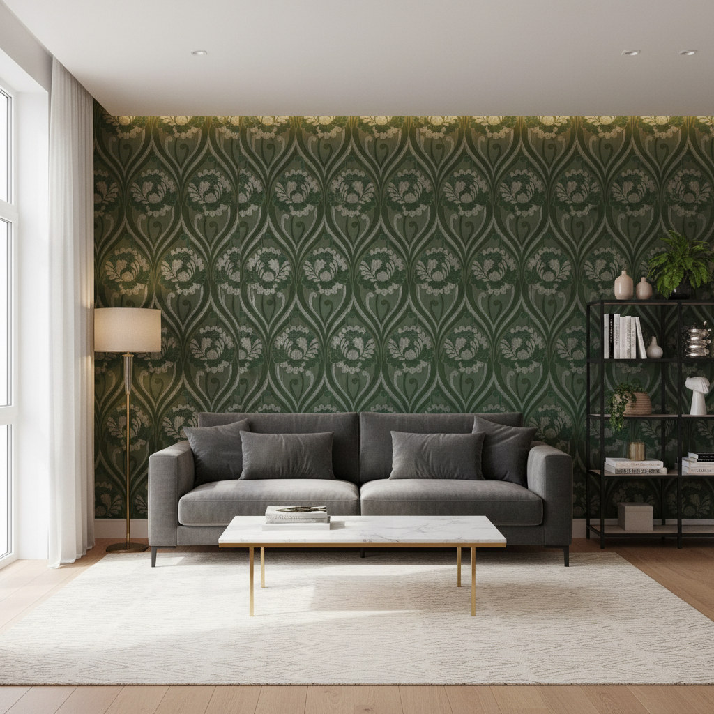 Modern living room with a gray sofa, patterned green wallpaper, and a lamp.