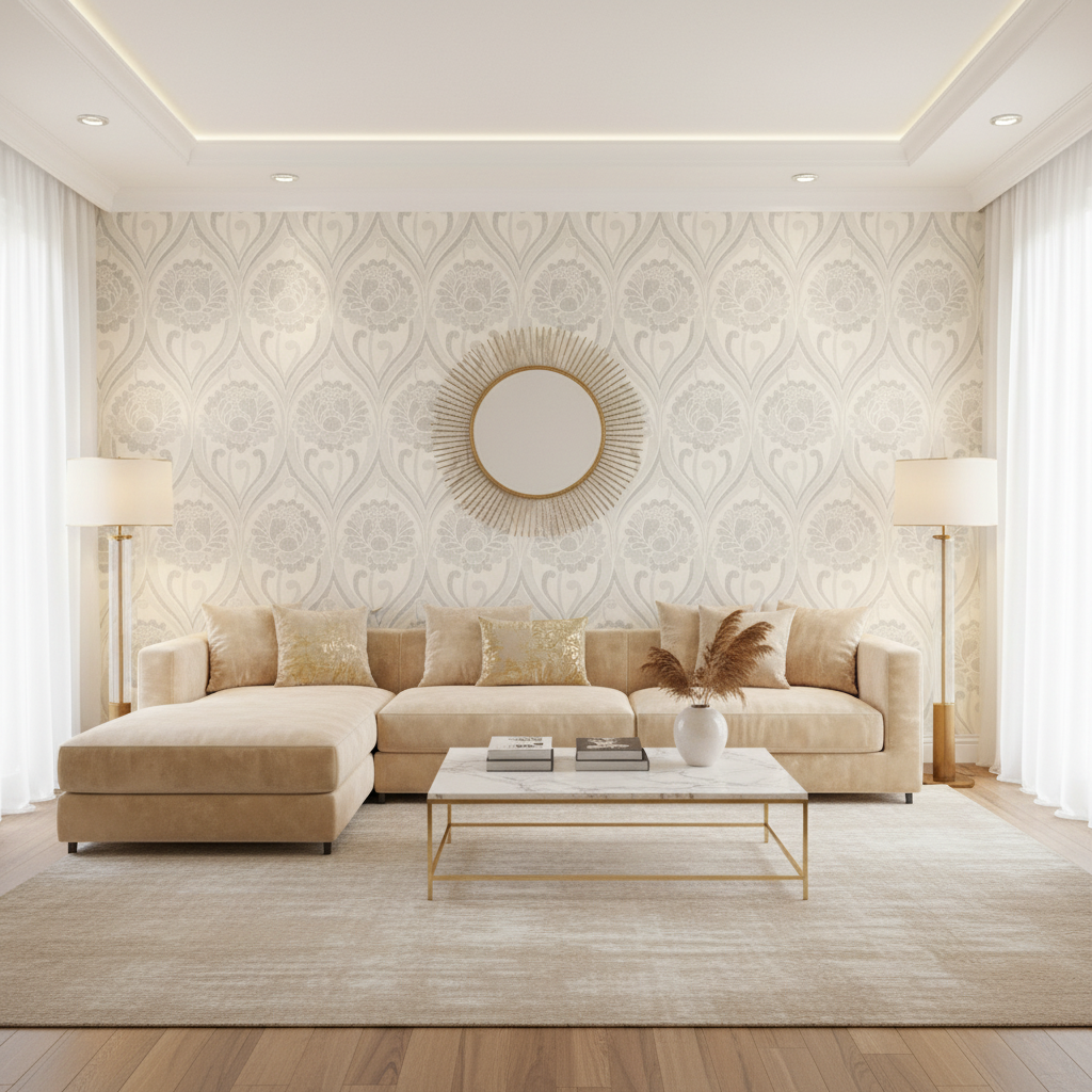 Vintage floral damask Wallpaper -  Pearl White