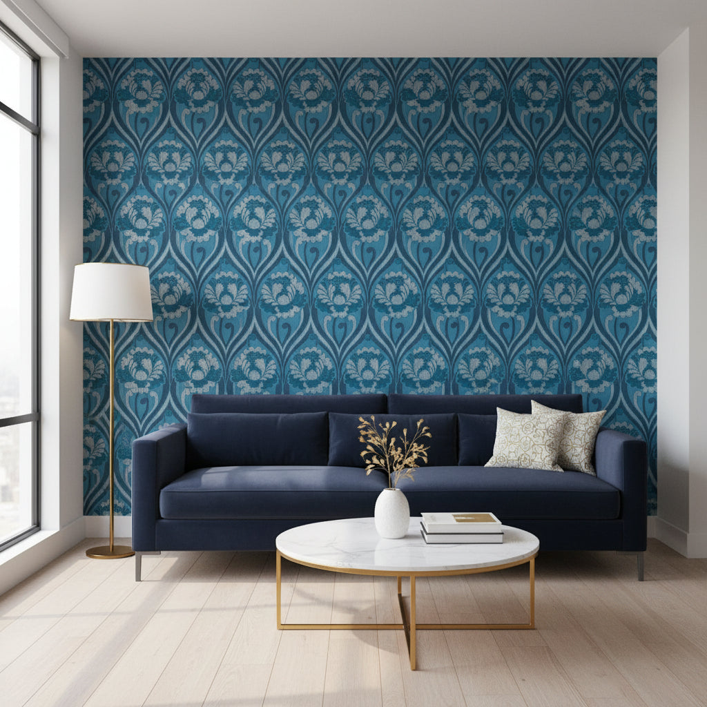 Patterned fabric with blue and gray floral design