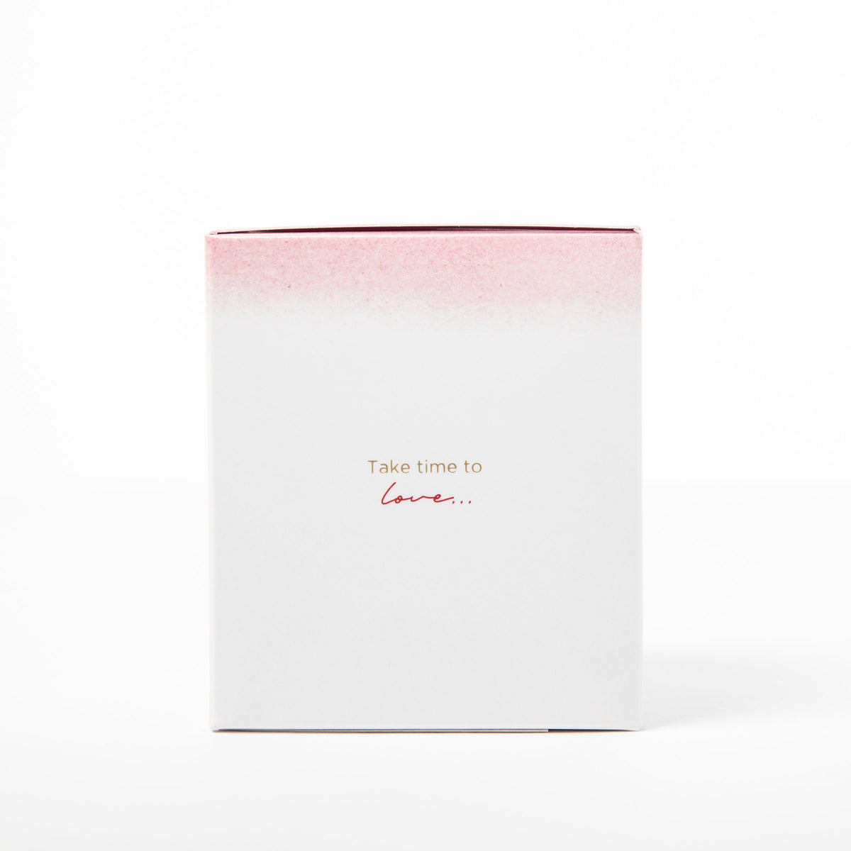White box with pink top and text 'Take time to love' on a white background