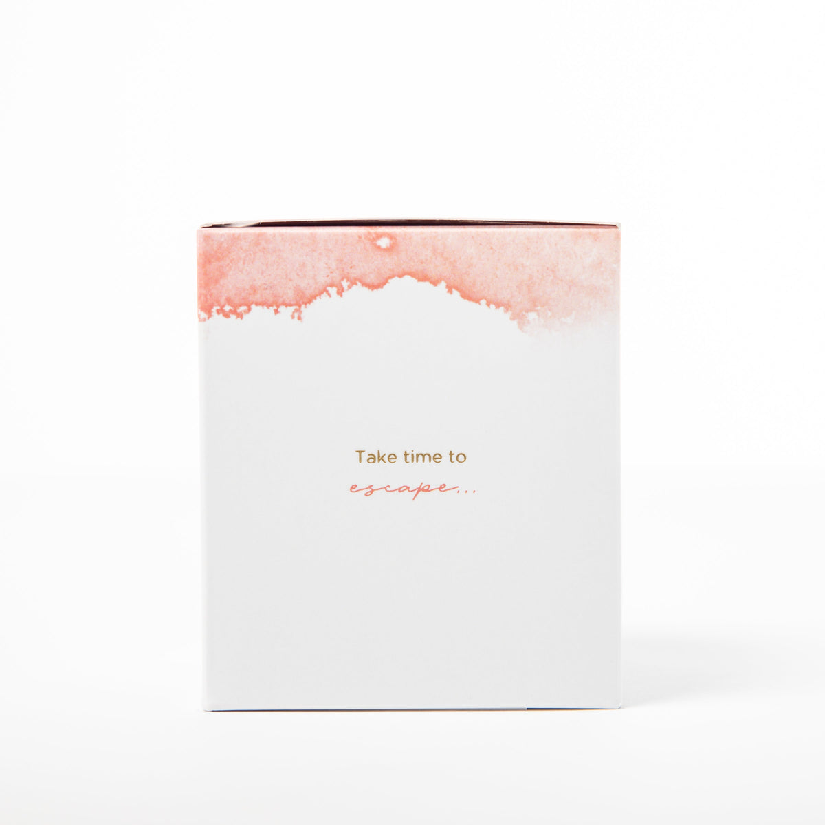 Candle with watercolor design and text 'Take time to escape' on a white background