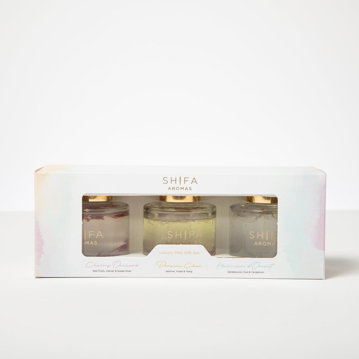Shifa Aromas candle set in a white box on a light gray background