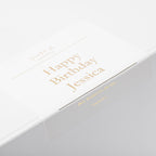 Personalized birthday card with gold text on a white background