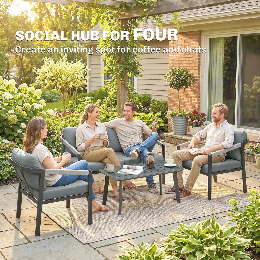 Outsunny Aluminium Garden Furniture Set, 4 Seater Outdoor Patio Furniture with Loveseat, 2 Armchairs, Slatted Table