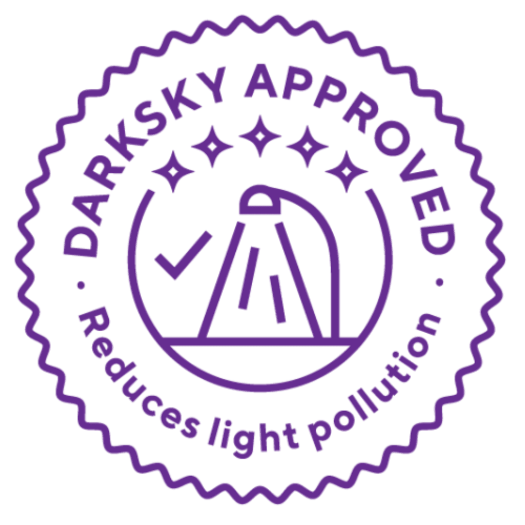 Purple 'Darksky Approved' logo with a silhouette of a person and text about light pollution reduction on a white background.