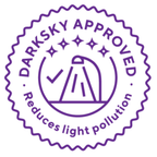 Purple 'Darksky Approved' logo with a silhouette of a person and text about light pollution reduction on a white background.