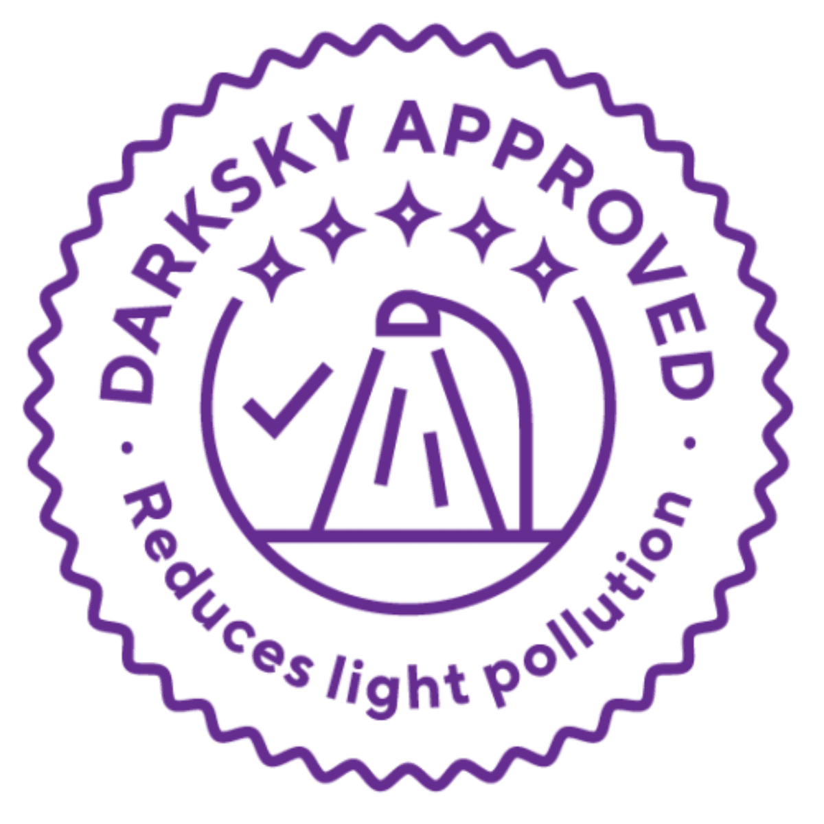 Purple 'Darksky Approved' logo with a silhouette of a person and text about light pollution reduction on a white background.