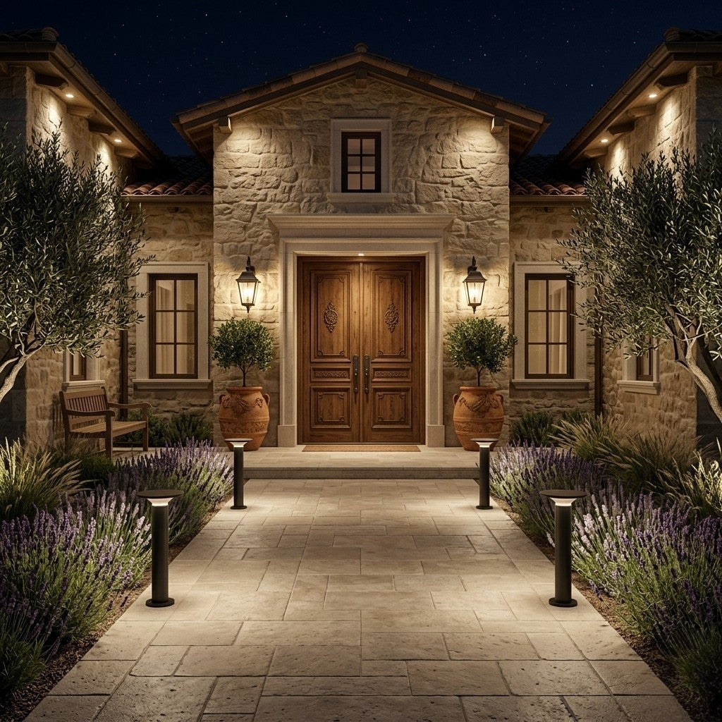 Stately stone house with a well-lit pathway and decorative elements at night.
