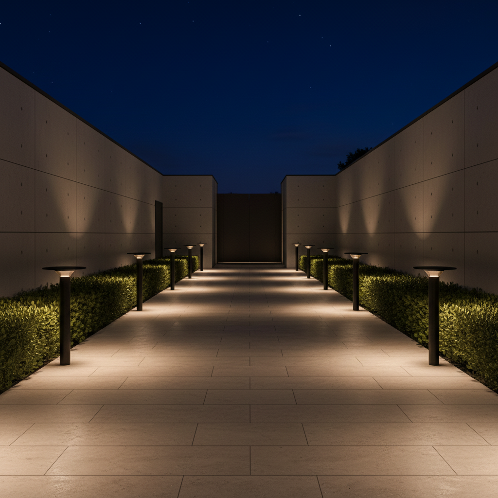 Evening view of a pathway lined with illuminated lamp posts between two walls.