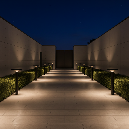 Evening view of a pathway lined with illuminated lamp posts between two walls.
