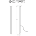 Technical drawing of a tall outdoor light fixture with dimensions and certification logos.