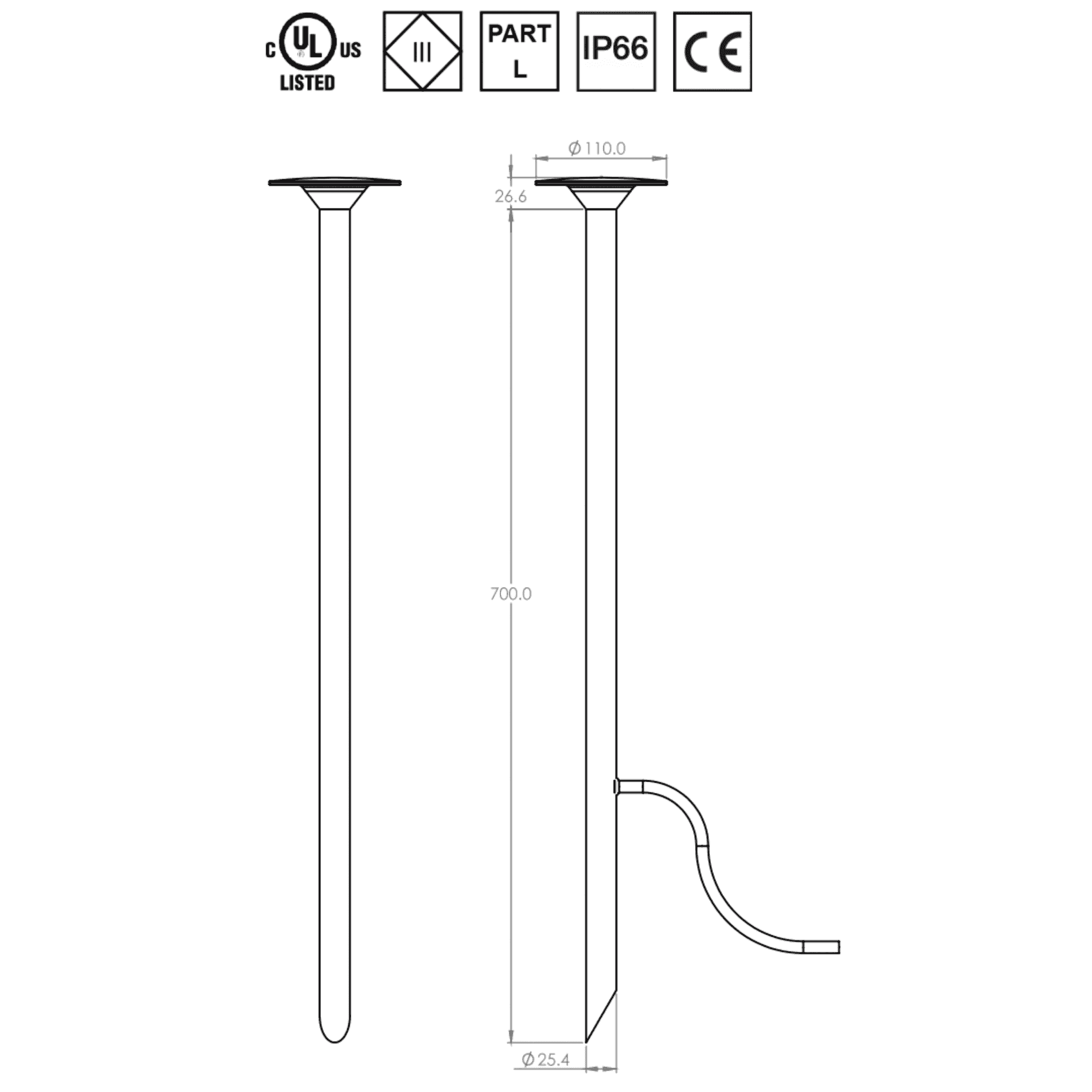 Technical drawing of a tall outdoor light fixture with dimensions and certification logos.