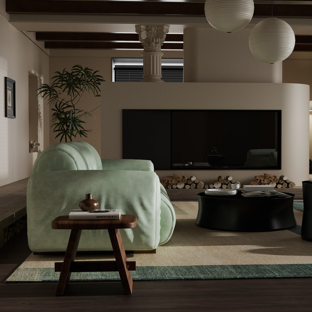 A modern living room featuring a light sage green velvet armchair as the main product, styled in a warm, minimalist interior with a black coffee table, wooden side table, and a fireplace in the background.