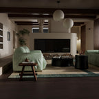 A modern living room featuring a light sage green velvet armchair as the primary product, styled in a warm, minimalist interior with dark wood ceiling beams, white spherical pendant lights, a black TV, and a green-accented rug.