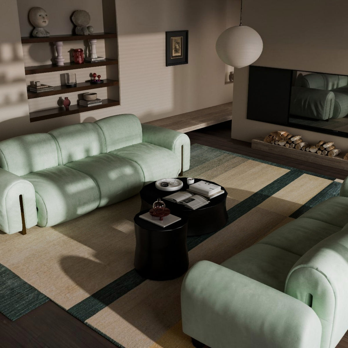 A modern living room featuring a light mint green modular sofa and matching armchair, styled with dark round coffee tables and a striped beige and green area rug.