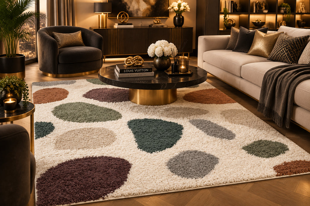 Multicolored area rug with circular patterns on a wooden floor in a living room setting.
