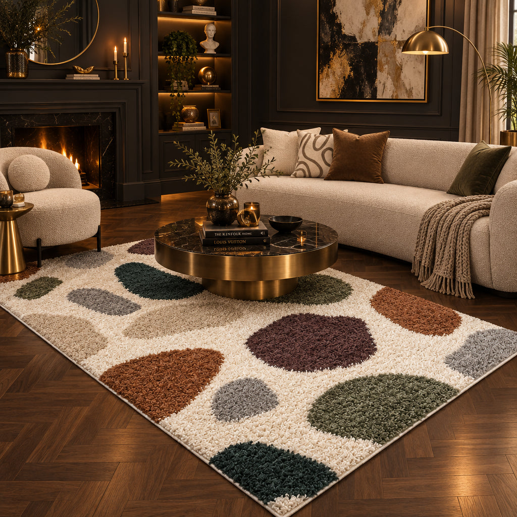 Living room with a patterned rug, sofa, and armchair.