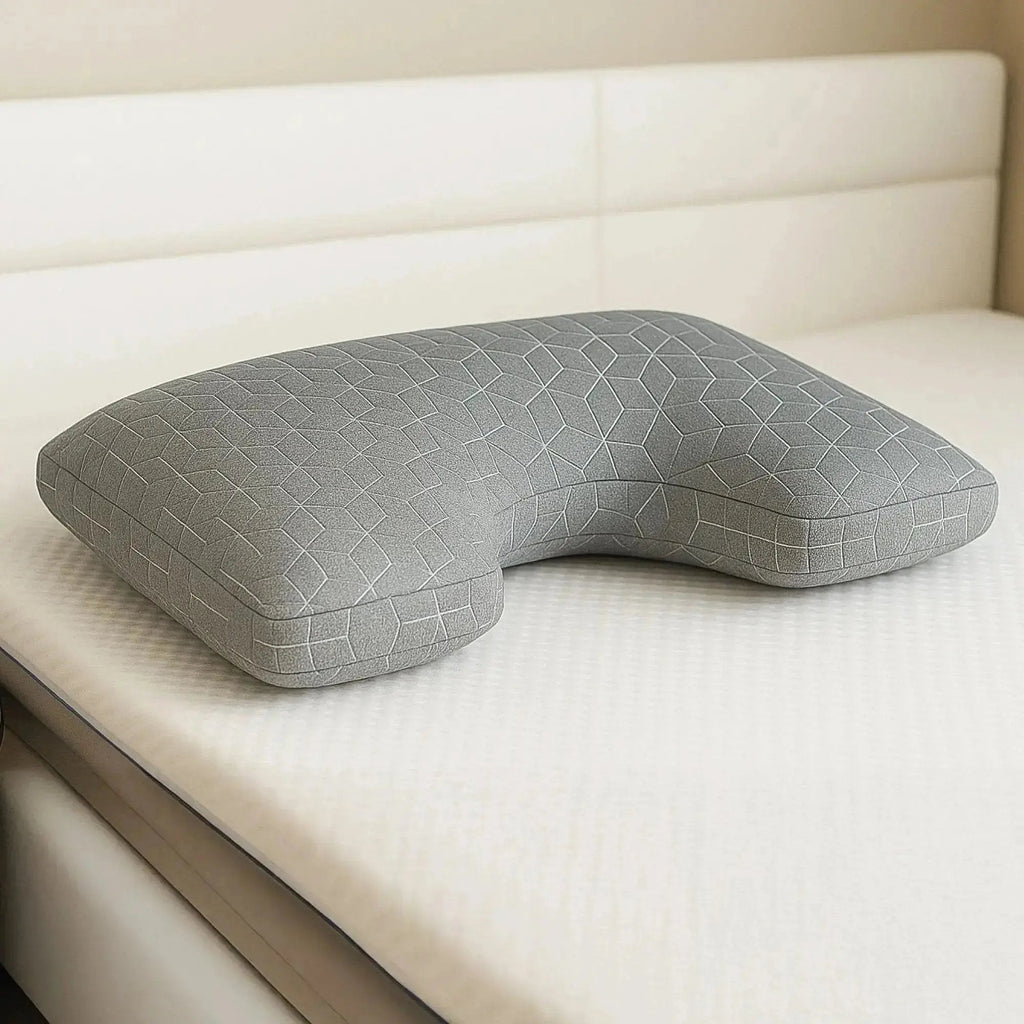 Gray wedge-shaped pillow on a bed with a beige headboard.